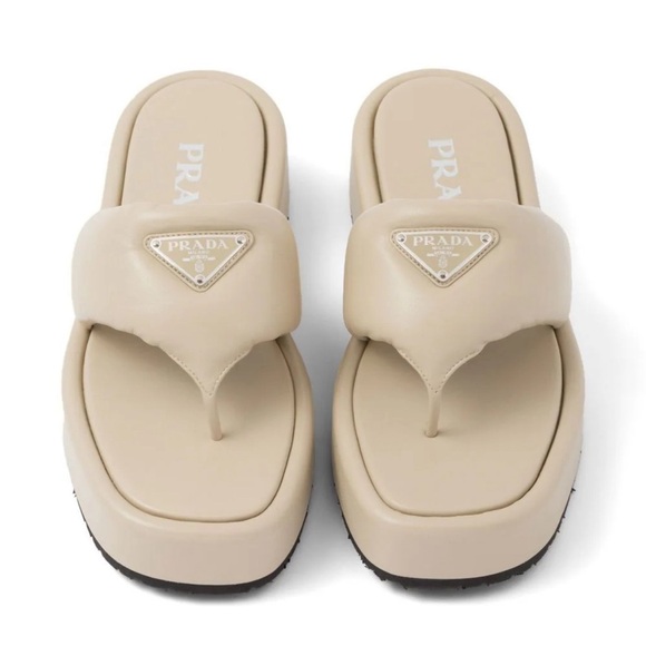 NWT Prada Beige Soft Padded Nappa Thong Wedge Sandals - Picture 1 of 8